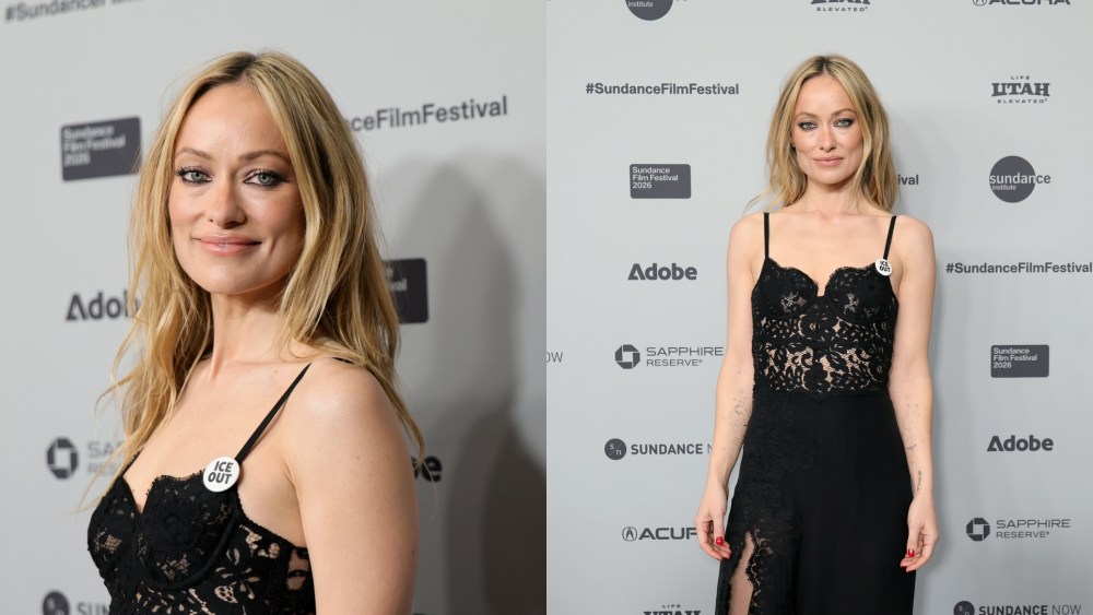 Olivia Wilde wears a Dolce & Gabbana dress and Ice Out pin at "The Invite" premiere during the 2026 Sundance Film Festival on Jan. 24, 2026 in Park City, Utah.