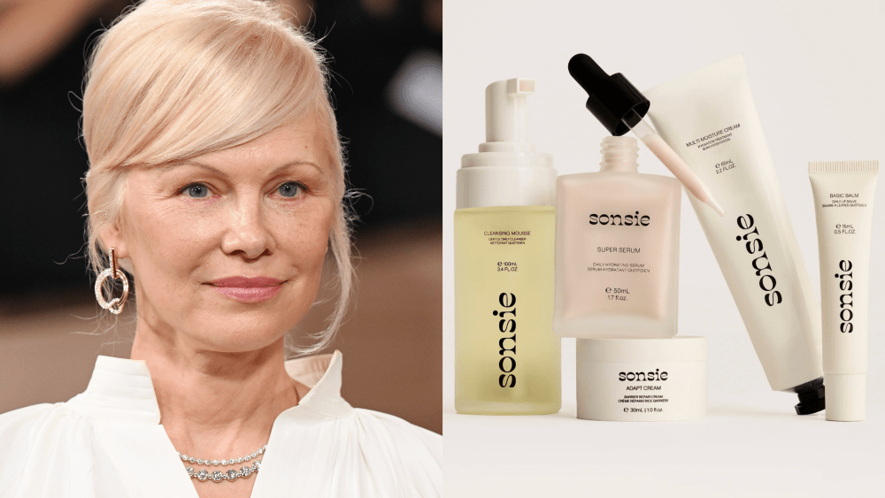 pamela anderson at the 2026 golden globes; product bundle from anderson's skin care brand sonsie