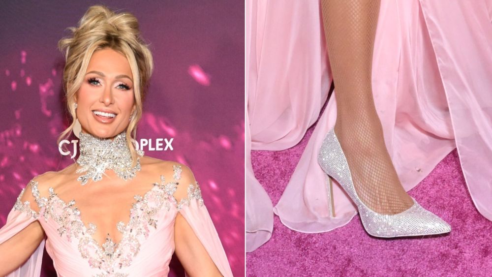 Paris Hilton wore crystal-encrusted white pumps to the premiere of 'Infinite Icon: A Visual Memoir," complementing her children's bedazzled Vans.