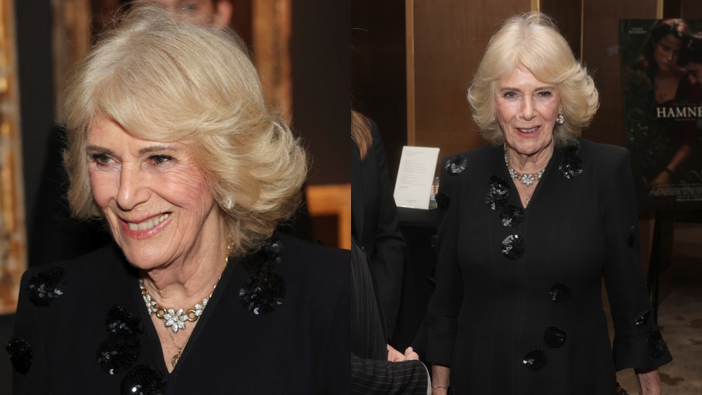 Queen Camilla wears Anna Valentine at a special screening of "Hamnet" on Jan. 27 in London.