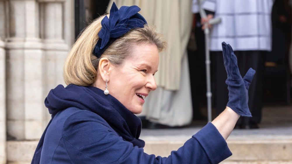 Queen Mathilde of Belgium goes monochrome in Meer Couture and more at the inaugural mass of Gudula26, commemorating the 800th anniversary of the Cathedral of Saints Michael and Gudula on Jan. 11 in Brussels, Belgium.