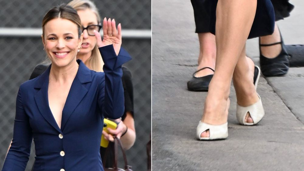 Rachel McAdams embraces two celebrity shoe trends — the crispy white shoe trend and mule trend — in Jude Date mules on Tuesday, following her Hollywood Walk of Fame ceremony.
