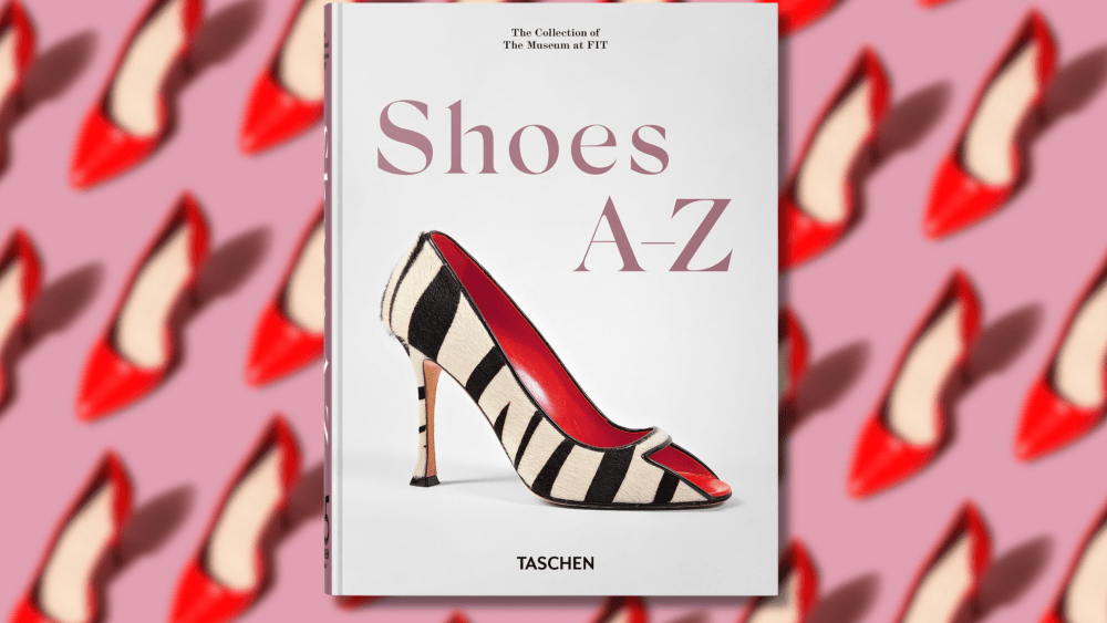 cover of the hardcover book "shoes a-z" over a background of red heels in a pattern