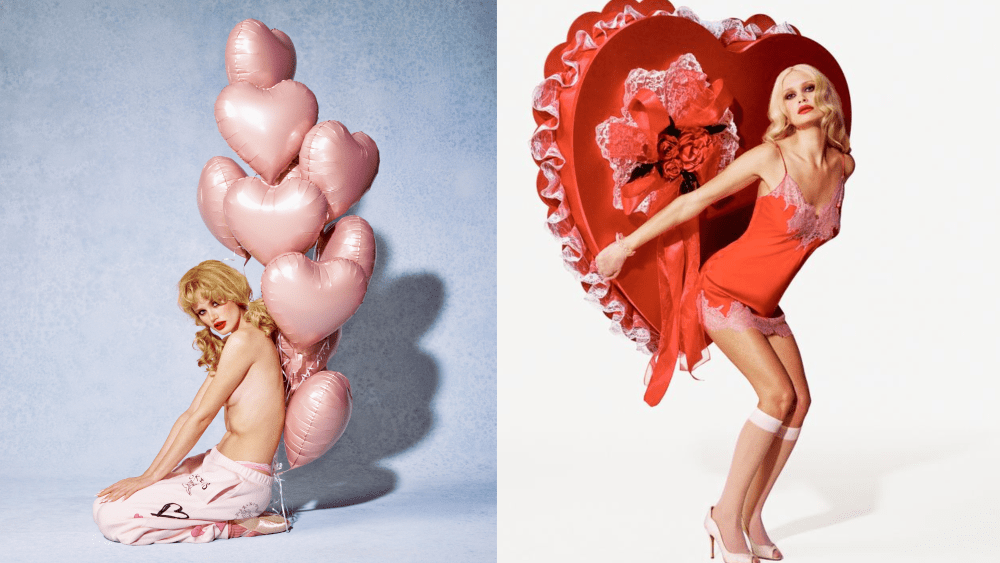 two skims models wearing lingerie and sweatpants, respectively, while holding a bunch of heart-shaped balloons and an oversized, lace-clad heart decoration