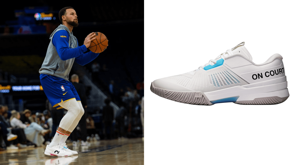 steph curry at january 20, 2026 golden state warriors game, wearing on the roger pro fire shoes; on the roger pro fire shoes over a white background
