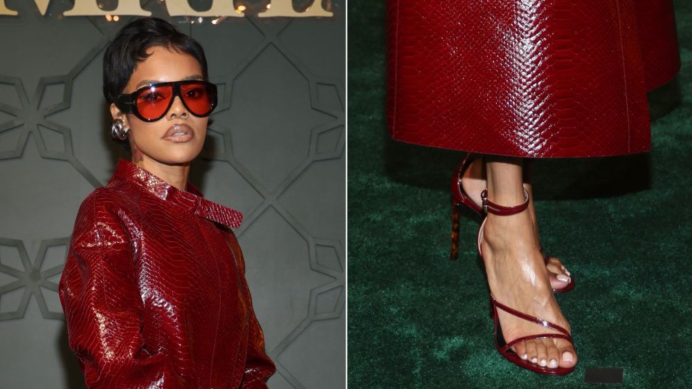 Teyana Taylor in a head-to-toe Tom Ford look, complete with the label's ruby red ankle strap sandals, at the Gymkhana launch at Aria in Las Vegas.