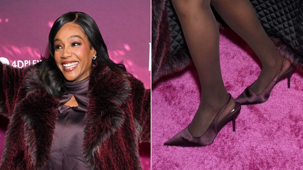 Tiffany Haddish wears satin slingback pumps at the premiere of Paris Hilton's "Infinite Icon" at the Grove in Los Angeles on Tuesday night.