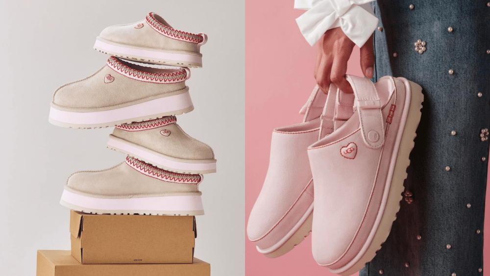 new ugg tazz love slippers stacked one on top of the other on a bunch of boxes; model holding the pink ugg goldenstar clogs while wearing pearl-clad jeans