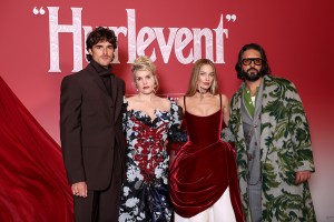 PARIS, FRANCE - FEBRUARY 02: (L-R) Jacob Elordi, Emerald Fennell, Margot Robbie and Shazad Latif attend the "Hurlevent" Photocall at Le Grand Rex on February 02, 2026 in Paris, France. (Photo by Aurore Marechal/Getty Images)