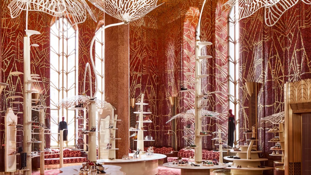 The landmark Red Room at Printemps on Wall Street showcases footwear.
