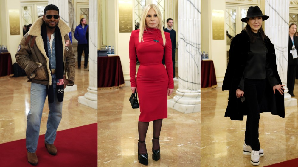 Usher, Donatella Versace and Michelle Yeoh attend the Opening Ceremony during the Milano Cortina 2026 Winter Olympics at Teatro Alla Scala on February 06, 2026 in Milan, Italy.