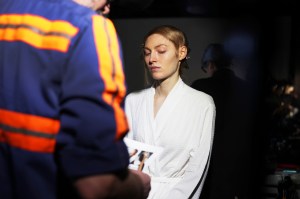 Backstage at the Area Fall 2026 ready-to-wear show at New York Fashion Week.