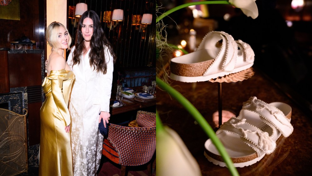 Left: AnnaSophia Robb and Danielle Frankel Hirsch at the Birkenstock x Danielle Frankel dinner in New York City on Feb. 10, 2025. Right: Birkenstock x Danielle Frankel shoes on display at the dinner.