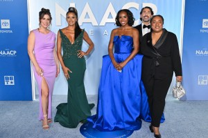 Meagan Rosales, Claudia Jordan, Erica Cobb, Anthony Baldwin and Giselle Phelps at the 57th NAACP Image Awards held at the Pasadena Civic Auditorium on February 28, 2026 in Los Angeles, California.