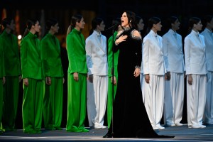 Italian singer Laura Pausini performs during the opening ceremony of the Milano Cortina 2026 Winter Olympic Games at the San Siro stadium in Milan, northern Italy, on February 6, 2026. (Photo by Alexander NEMENOV / AFP via Getty Images)