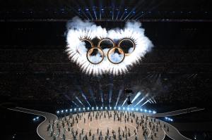 The Olympic rings come together as a fireworks display is seen during the opening ceremony of the Milano Cortina 2026 Winter Olympics.