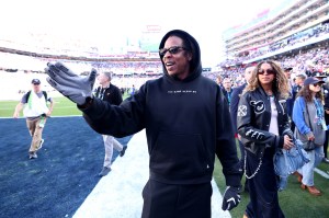 Jay-Z looks on prior to the start of Super Bowl LX  between the Seattle Seahawks and the New England Patriots at Levi's Stadium on February 08, 2026 in Santa Clara, California.