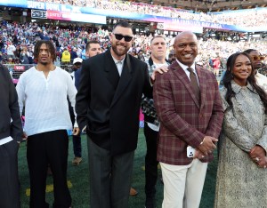 A.J. Terrell Jr., Travis Kelce, Garett Bolles, Jarrett Payton and Brittney Payton attends the Super Bowl LX Pregame at Levi's Stadium on February 08, 2026 in Santa Clara, California.