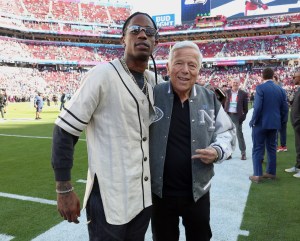 Travis Scott and Robert Kraft attend the Super Bowl LX Pregame at Levi's Stadium on February 08, 2026 in Santa Clara, California.