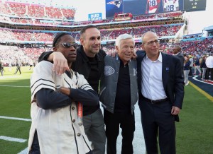 Travis Scott, Michael Rubin, Robert Kraft and Jonathan Kraft attend the Super Bowl LX Pregame at Levi's Stadium on February 08, 2026 in Santa Clara, California.