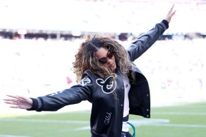 Blue Ivy Carter reacts on the sidelines prior to the start of Super Bowl LX  between the Seattle Seahawks and the New England Patriots at Levi's Stadium on February 08, 2026 in Santa Clara, California.
