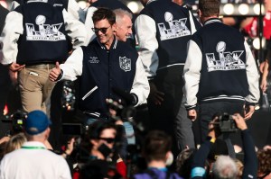 Former New England Patriots quarterback Tom Brady gestures towards the crowd prior to Super Bowl LX  between the New England Patriots and the Seattle Seahawks at Levi's Stadium on February 08, 2026 in Santa Clara, California.