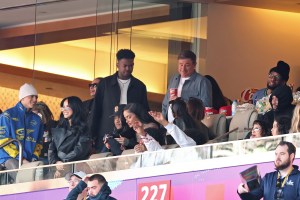 Central Cee, Becky G, Kehlani, Todd Graves, Owner and Founder, Raising Cane's, Ty Dolla Sign and YG attend Super Bowl LX at Levi's Stadium on February 08, 2026 in Santa Clara, California.