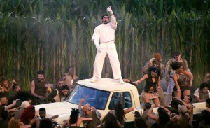 Bad Bunny performs onstage during the Apple Music Super Bowl LX Halftime Show at Levi's Stadium on February 08, 2026 in Santa Clara, California.
