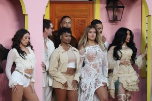 Pedro Pascal, Karol G and Cardi B perform onstage during the Apple Music Super Bowl LX Halftime Show at Levi's Stadium on February 08, 2026 in Santa Clara, California.