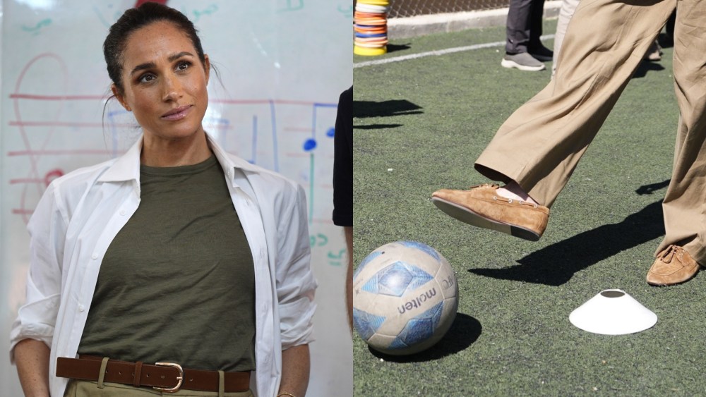 Meghan Markle wore shoes by Vince during a visit to the QuestScope Youth Center at the Za'atari refugee camp in Jordan on Feb. 25, 2026.