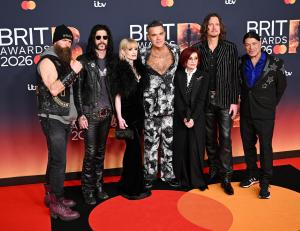 Zakk Wylde, Tommy Clufetos, Kelly Osbourne, Robbie Williams, Sharon Osbourne, Adam Wakeman and Robert Trujillo at The BRIT Awards 2026 held at Co-op Live on February 28, 2026 in Manchester, England.