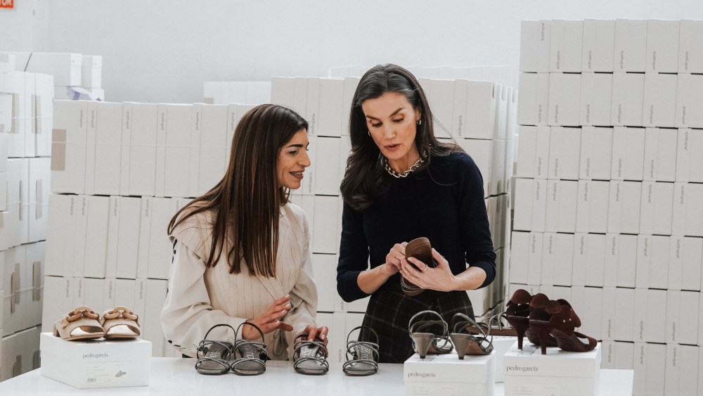 Queen Letizia and  Zahara García during the visit to the facilities of the footwear company Pedro García on the occasion of its centenary, in the Campo Alto industrial estate on Feb. 19 in Elda, Alicante, Spain.