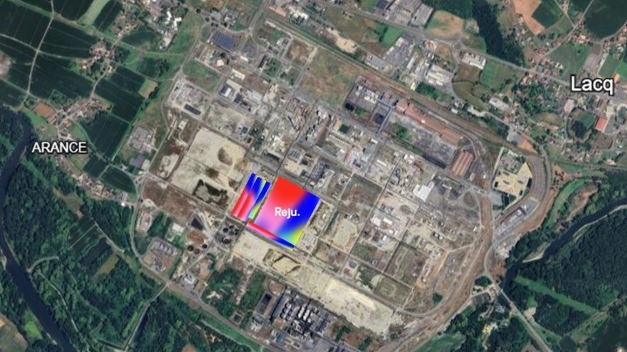 Aerial view of Reju's site selection on the Induslacq industrial platform in Lacq, France, where the company will establish its first French Regeneration Hub to transform post-consumer textiles into recycled polyester.