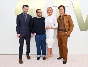 Keanu Reeves, Jonah Hill, Cameron Diaz and Matt Bomer at the Apple TV Press Day held at Barker Hangar on February 03, 2026 in Los Angeles, California.