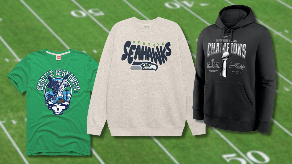 image of a standard football field overlaid with three pieces of seahawks merch, from a t-shirt to a sweatshirt to a hoodie