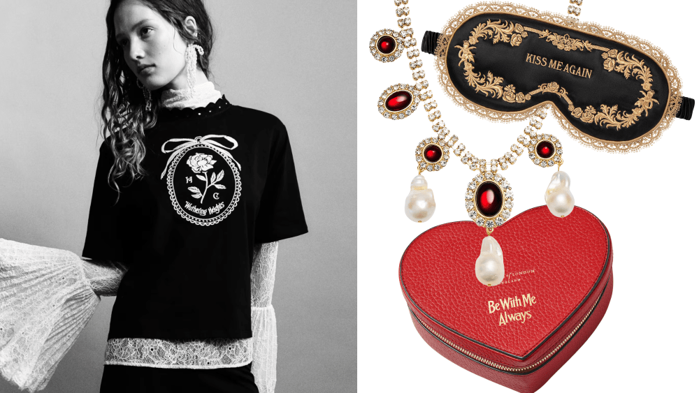 model posing in new h&m x wuthering heights t-shirt, layered over a lace long-sleeve top; assortment of wuthering heights collab products, like a sleep mask, jewelry case, and statement necklace