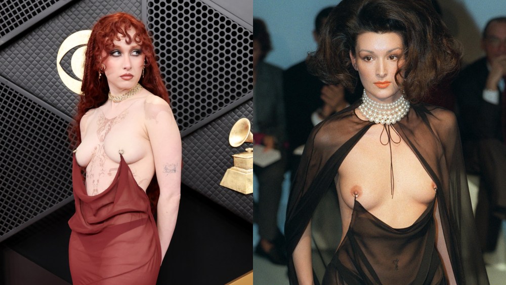 Chappell Roan at the 2026 Grammys; Mugler spring 1998 look.