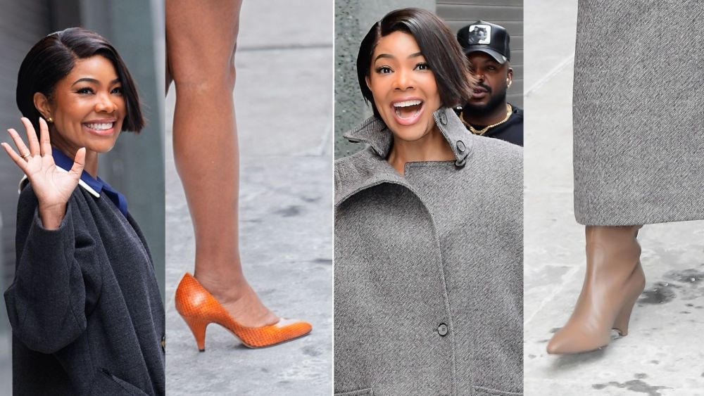 Gabrielle Union in two shoe looks: Jude's Haze Pumps in orange python, and a pair of Bottega Veneta pointed-toe boots, while out in New York on Tuesday.