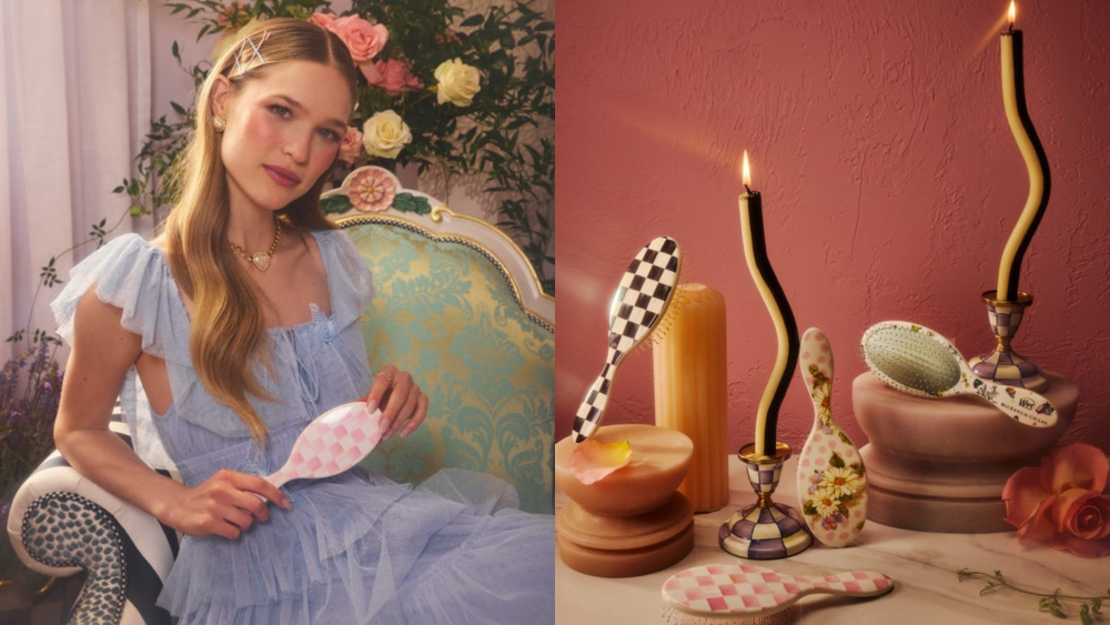 model holding a checkered hair brush while wearing a light blue dress; curvilinear taper candles arranged next to hair brushes bearing various prints