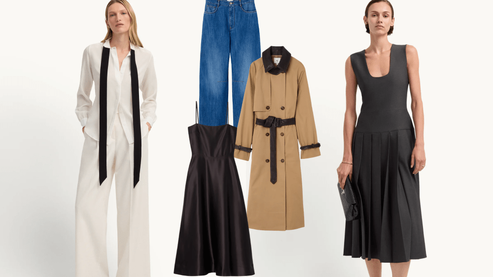 two models showing off clothing pieces from fashion label gwyn, with a pair of jeans, trench coat, and black dress in the middle of the composite image