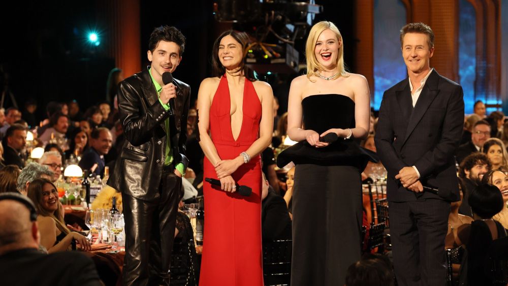 Timothee Chalamet, Monica Barbaro, Elle Fanning and Edward Norton at the 31st Screen Actors Guild Awards