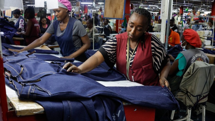 Workers at the Aryan textile factory in Nairobi, Kenya, working on Levi's jeans in 2025.
