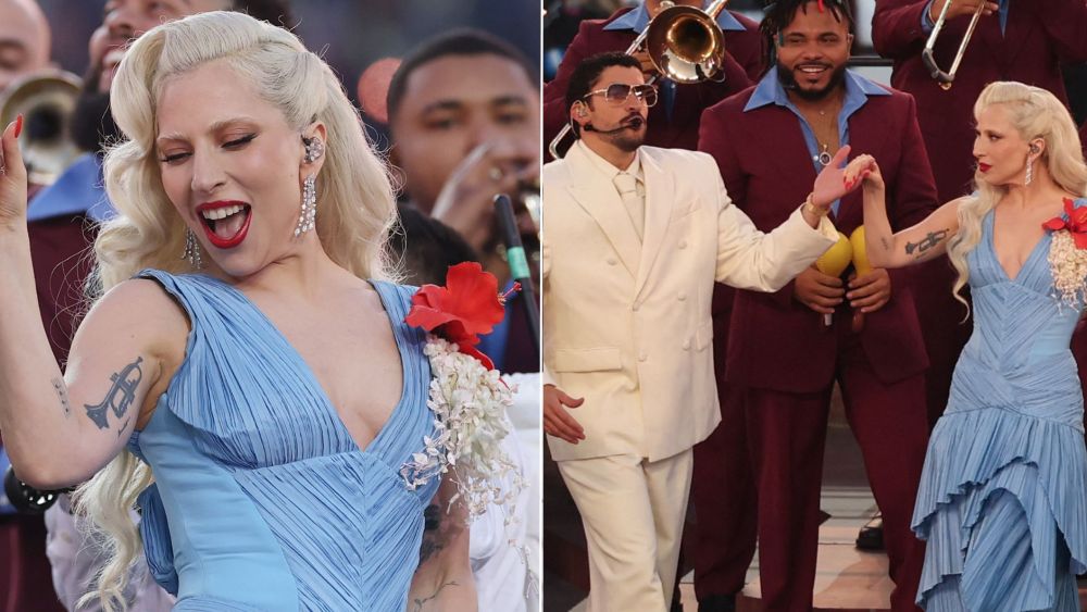 Lady Gaga made a surprise cameo during Bad Bunny's Super Bowl halftime show, wearing a baby blue, Flamenco-style dress.