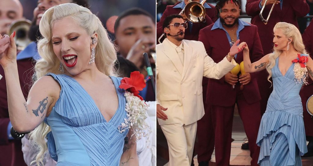Lady Gaga Makes Surprise Super Bowl Halftime Show Return in Blue Flamenco Dress With Flor de Maga