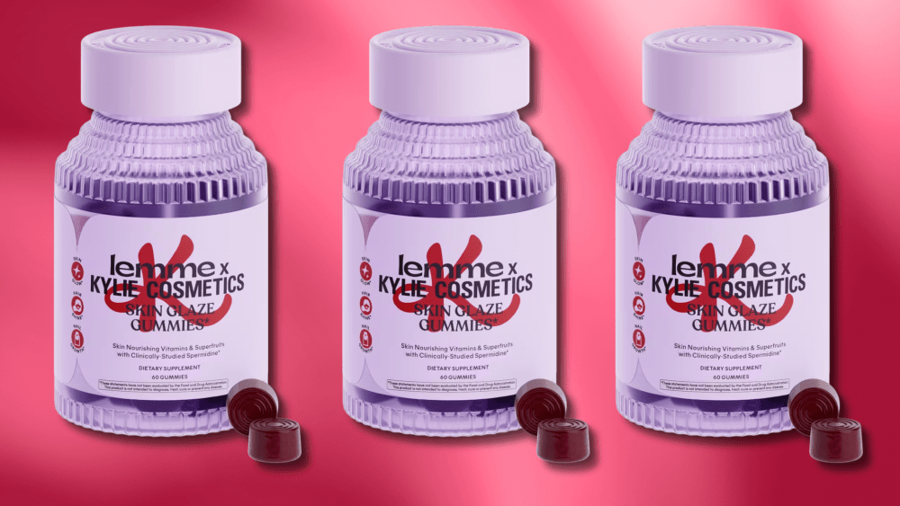 lemme supplements launch with kylie cosmetics, displayed in the form of three bottles with purplish gummies laying nearby