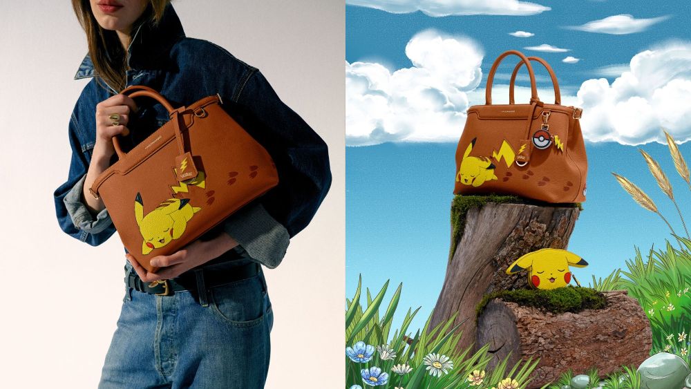 model holding Maison de Sabré's new pokemon bag while wearing a denim outfit; Maison de Sabré pokemon bag in a fictional nature setting, resting next to a pikachu coin purse