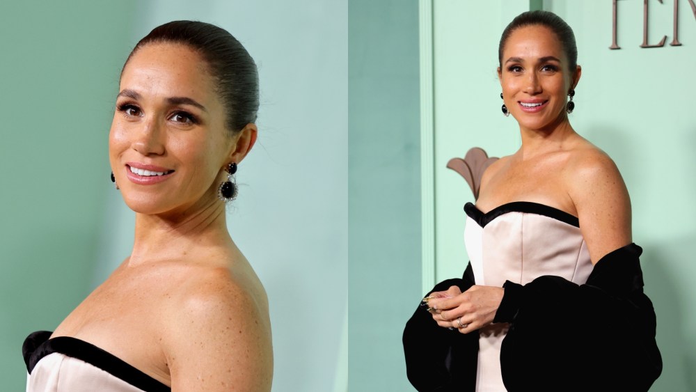 Meghan Markle wears custom Harbison Studio at the Annual Fifteen Percent Pledge Fundraising Gala Honoring Ms. Tina Knowles on Feb. 7 in Los Angeles.