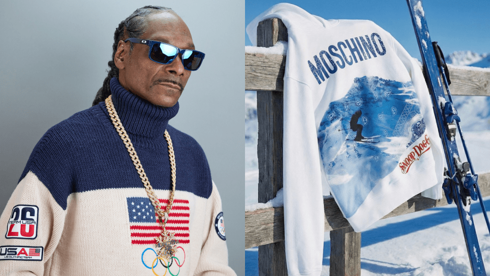 snoop dogg posing for official olympics portrait, wearing a chain with a snowflake on it, sunglasses, and a team USA sweater; moschino x snoop dogg hoodie on a snow-covered fence, next to a single ski