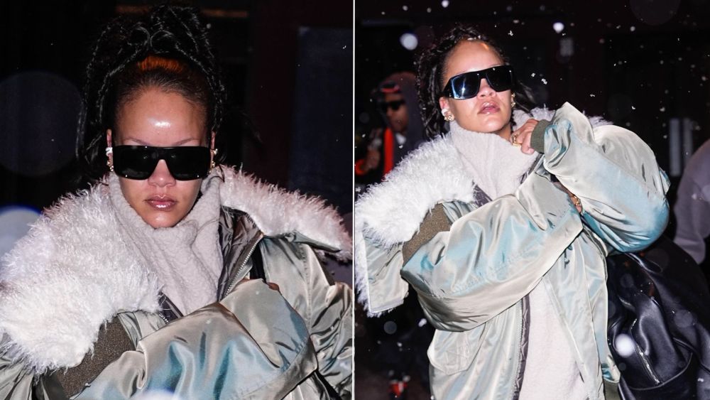 Rihanna wearing a Vaquera Aviator Jacket with a cozy ensemble including white sneakers while out in New York City Sunday night.