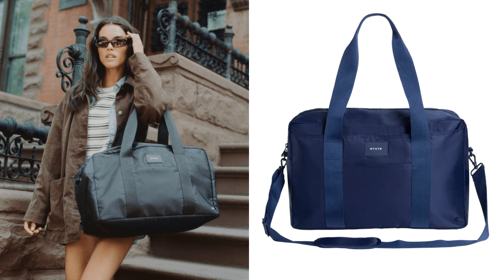 model wearing state bags' wellington weekender bag while posing on the stairs to a building; navy blue wellington weekender bag over white backround